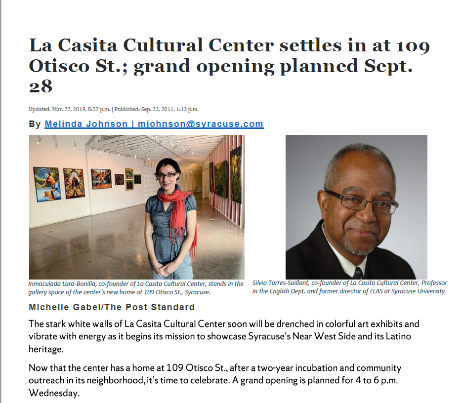 Syracuse Post Standard Article announcing La Casita Cultural Center's Grand Opening in 2011